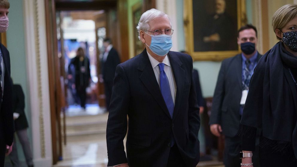PHOTO: Sen. Mitch McConnell, R-Ky., the top Republican in Senate, leaves the chamber after Vice President Kamala Harris swore in three new Democratic senators, at the Capitol in Washington, Wednesday, Jan. 20, 2021.