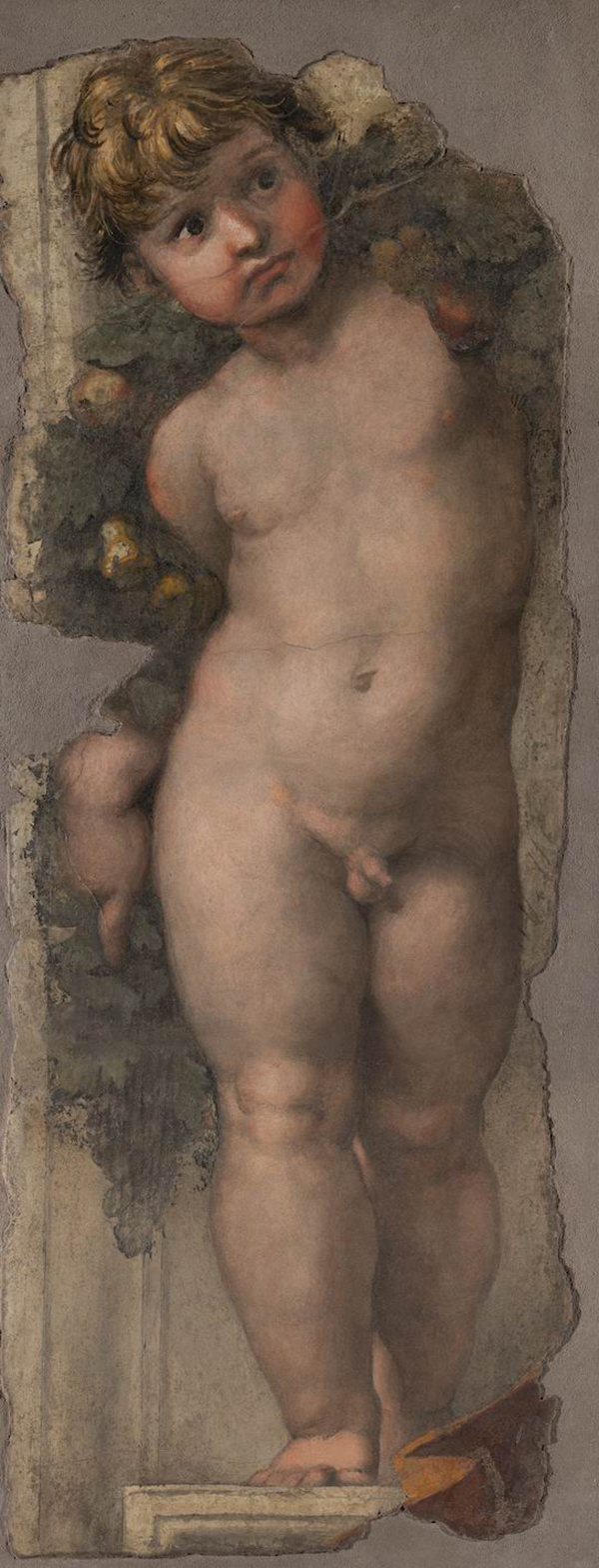 《持花饰的孩童》,拉斐尔·圣齐奥,110×41.5cm 141×62.2cm,湿壁画